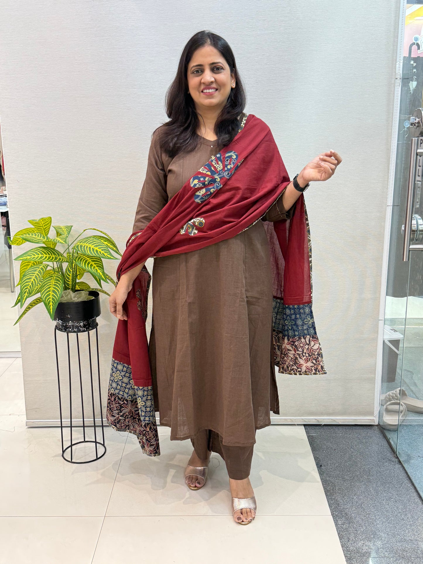 Chocolate Brown Cotton Suit Set with Patchwork Dupatta