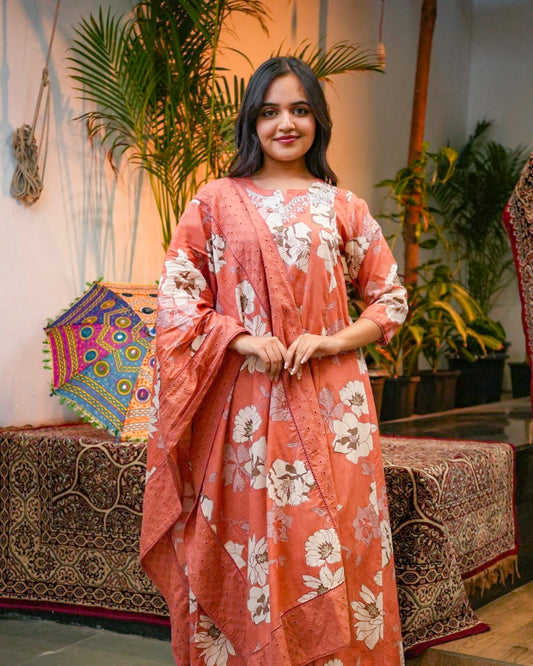 Rust Floral Printed Cotton Kurta Set