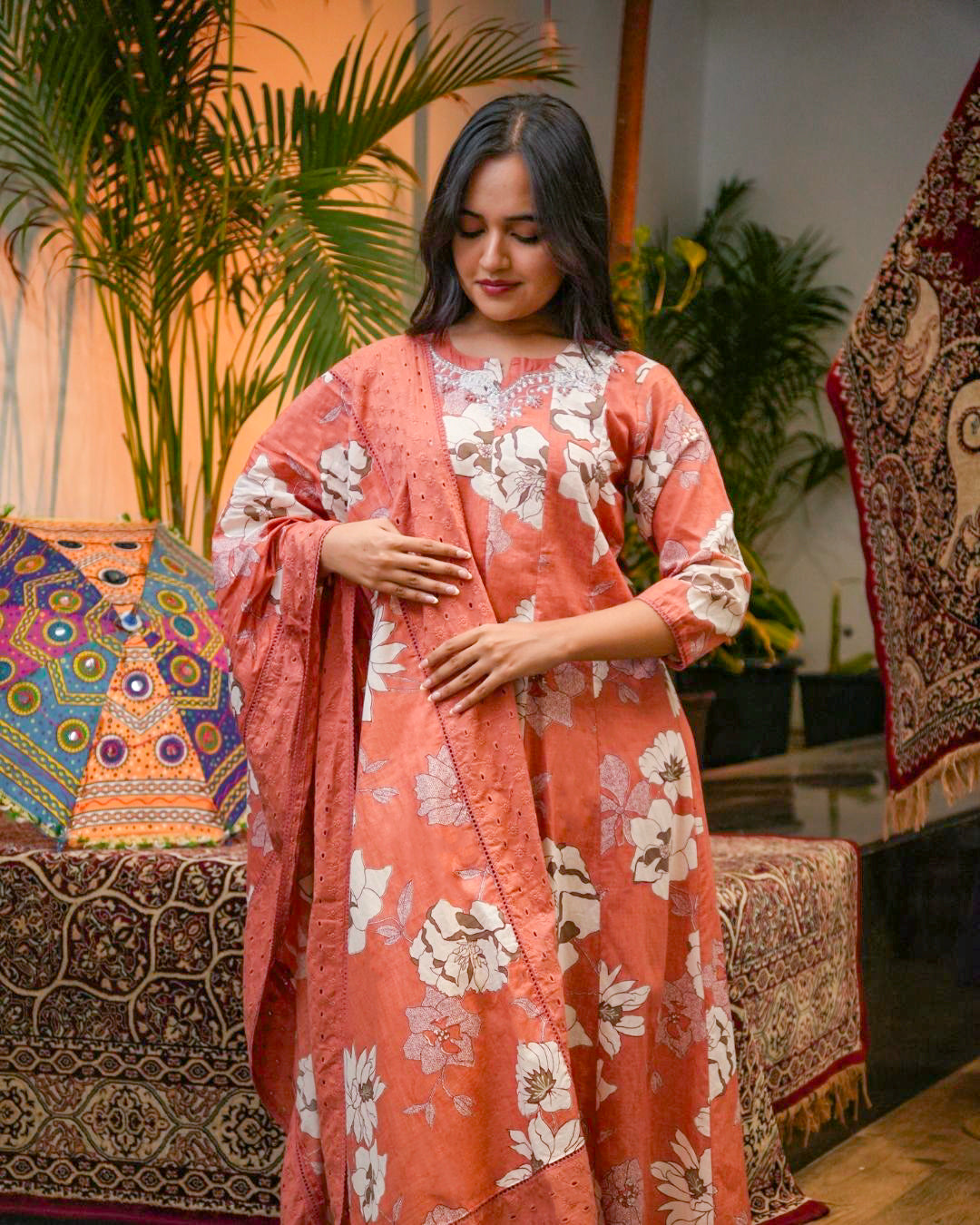 Rust Floral Printed Cotton Kurta Set