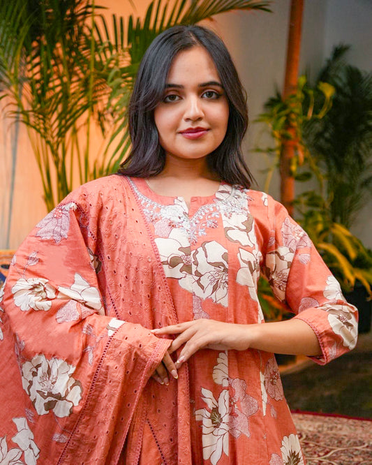 Rust Floral Printed Cotton Kurta Set