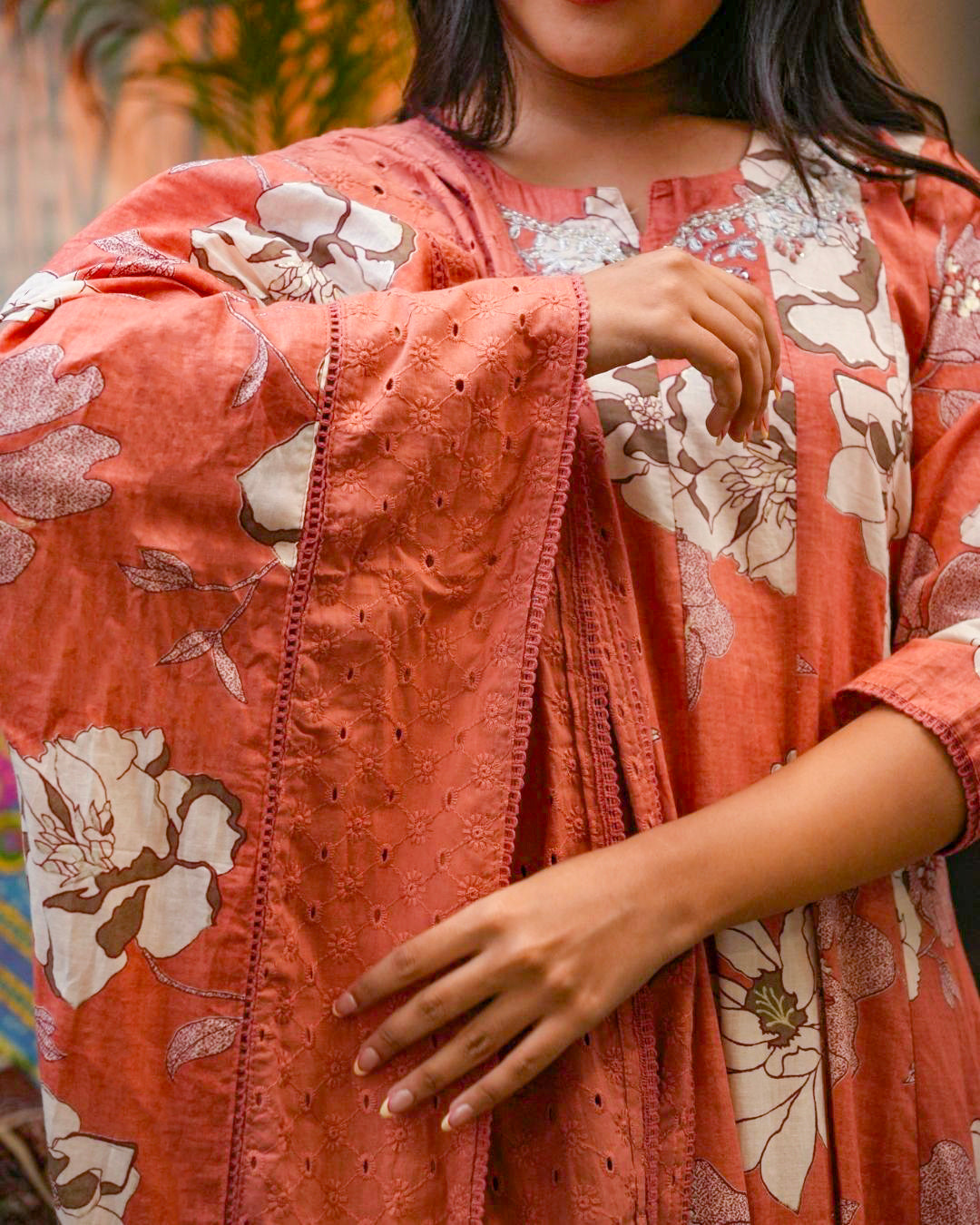 Rust Floral Printed Cotton Kurta Set