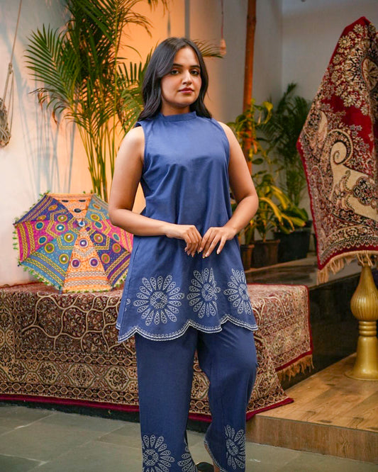 Elegant Indigo Embroidered Cotton Co-Ord Set