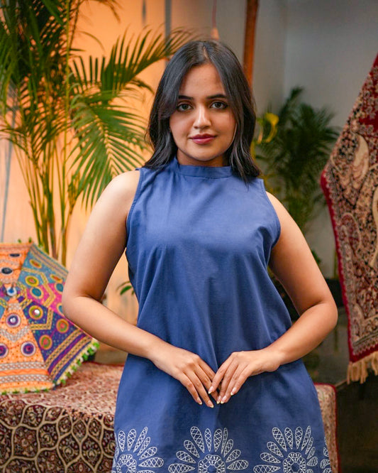 Elegant Indigo Embroidered Cotton Co-Ord Set