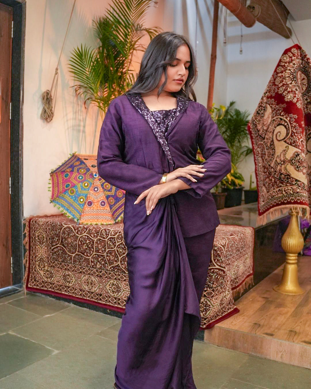 Deep Plum Fusion Draped Co-ord Set
