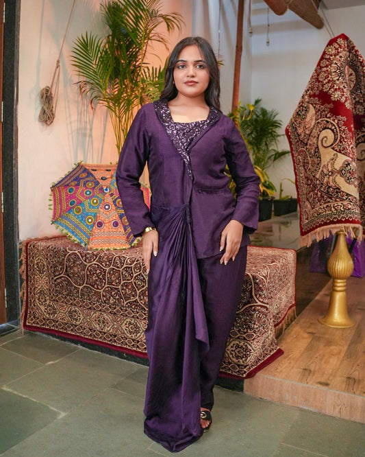 Deep Plum Fusion Draped Co-ord Set