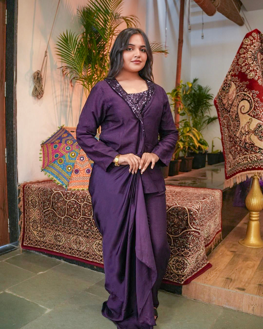 Deep Plum Fusion Draped Co-ord Set