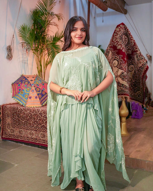 Embroidered Mint Green Kaftan Drape Set