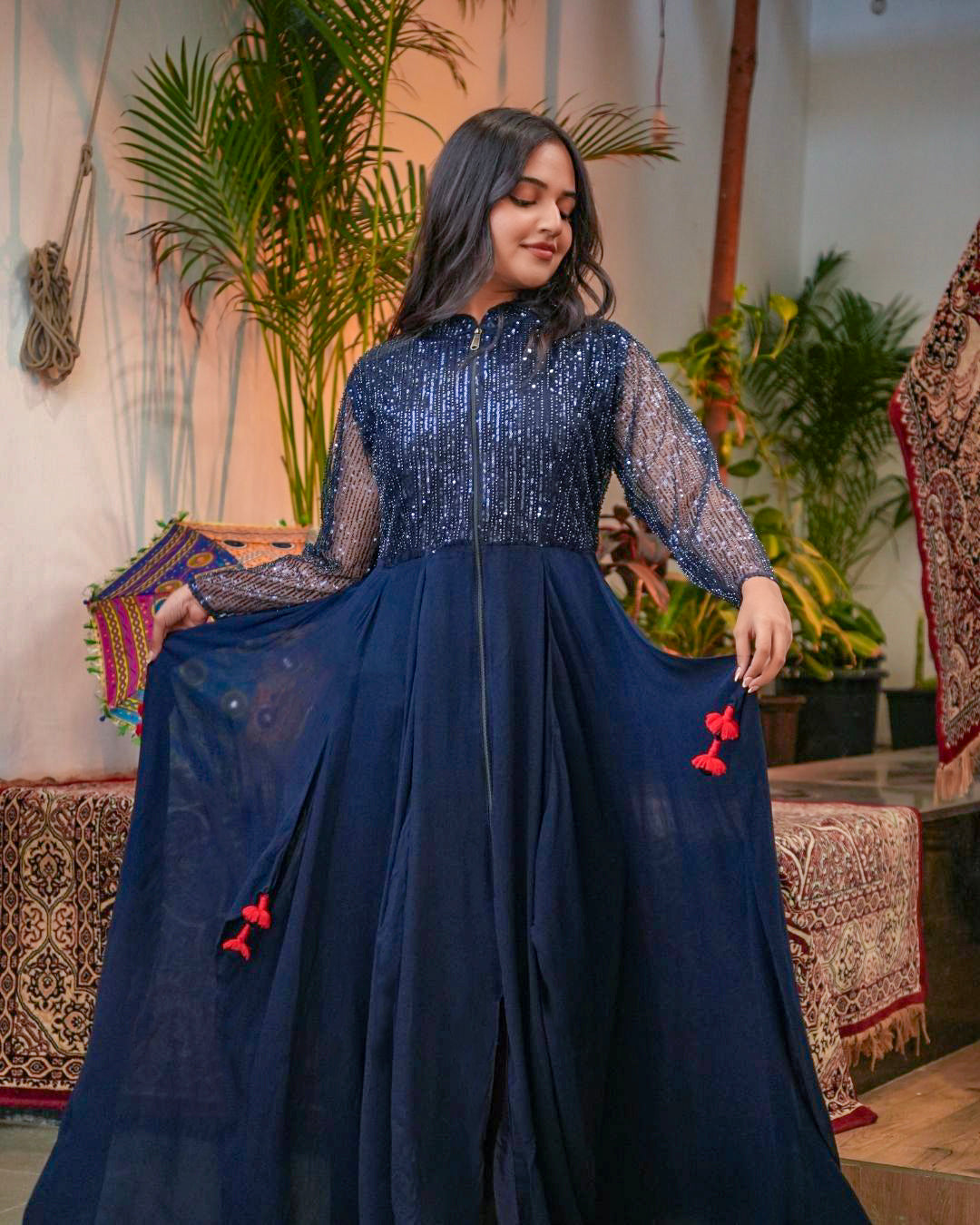 Midnight Blue Sequin Gown with Sheer Sleeves