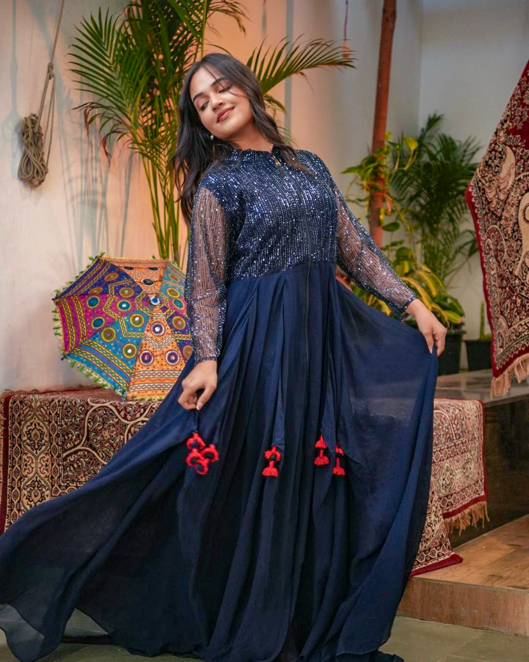 Midnight Blue Sequin Gown with Sheer Sleeves