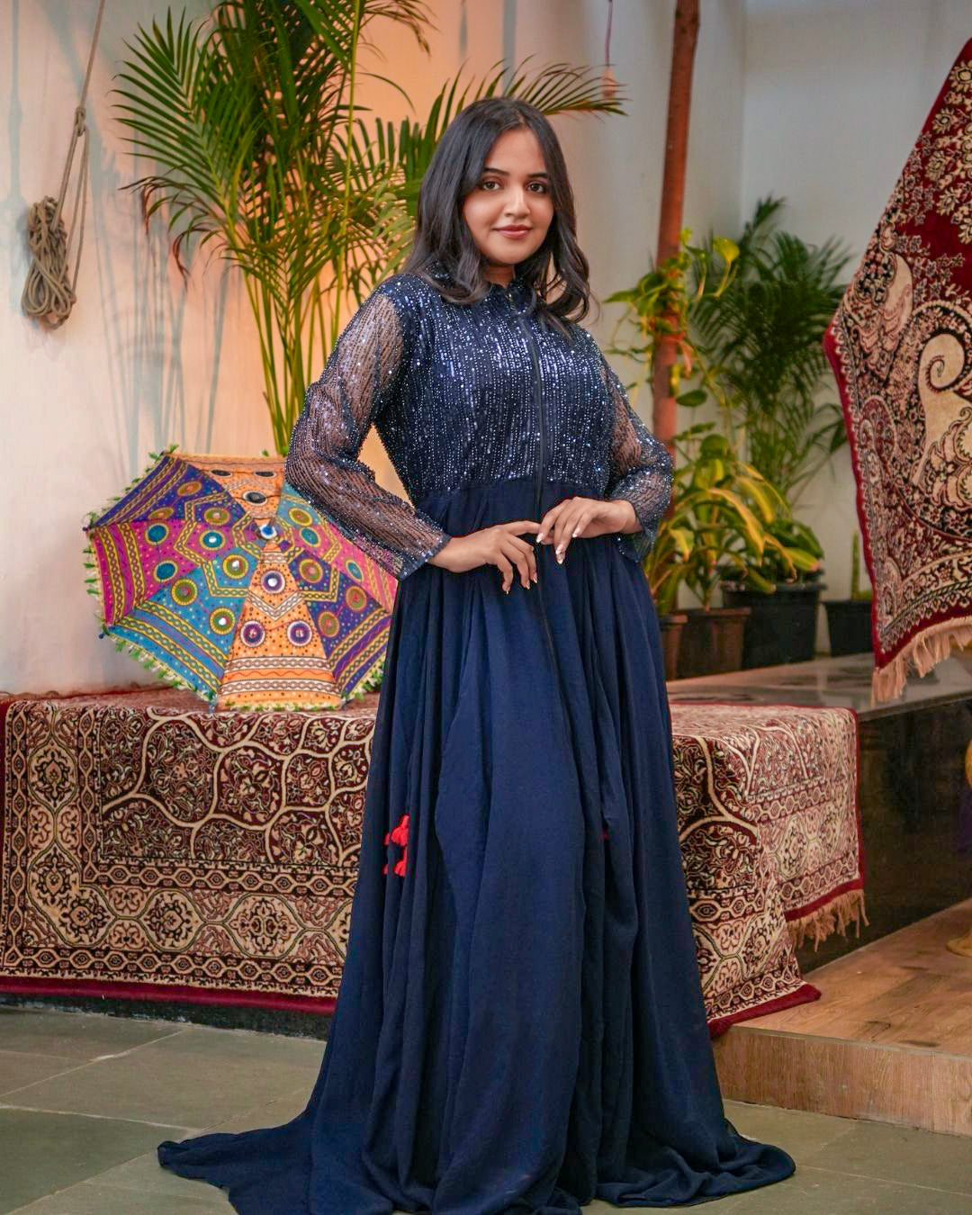 Midnight Blue Sequin Gown with Sheer Sleeves