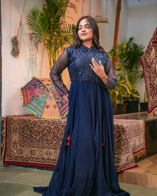 Midnight Blue Sequin Gown with Sheer Sleeves