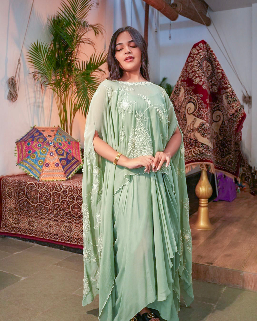 Embroidered Mint Green Kaftan Drape Set