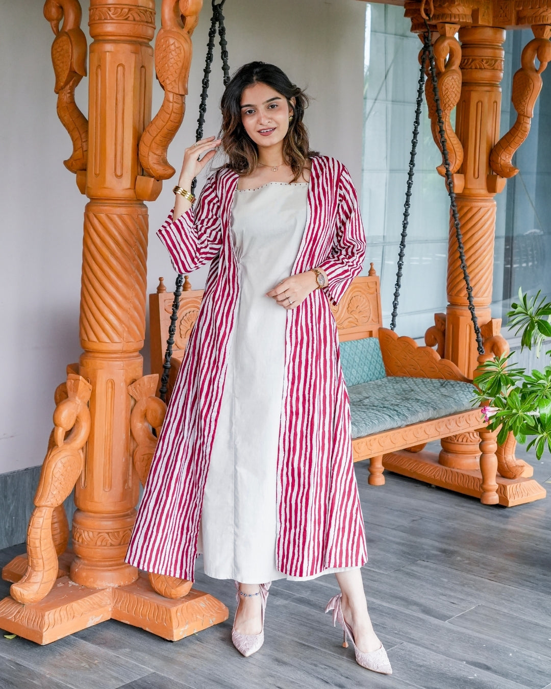 Riwaaz Striped Cotton Tunic & Shrug Set