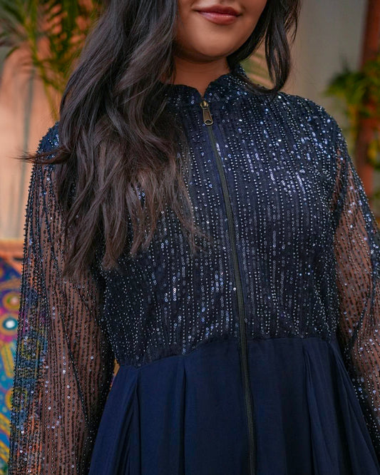 Midnight Blue Sequin Gown with Sheer Sleeves