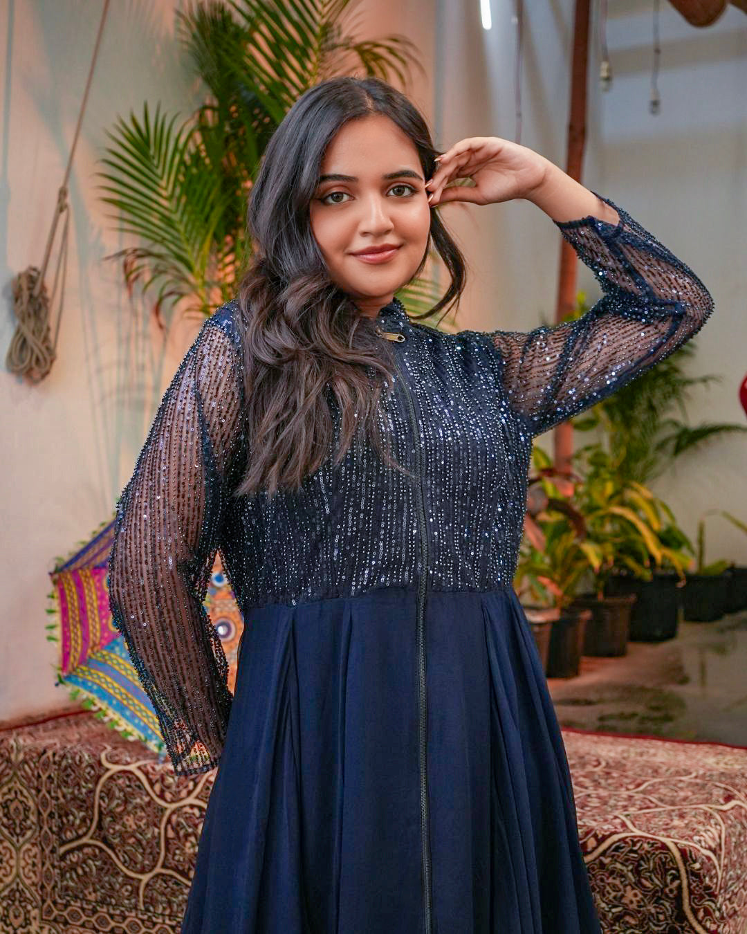 Midnight Blue Sequin Gown with Sheer Sleeves