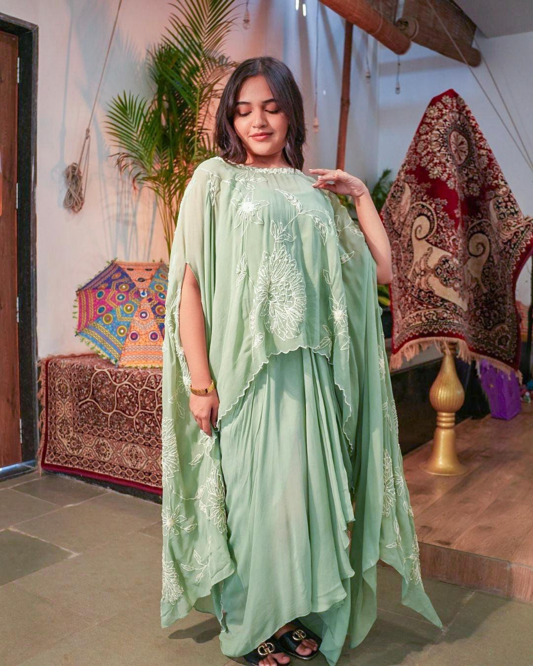Embroidered Mint Green Kaftan Drape Set