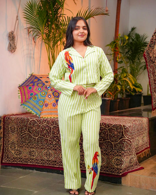 Tropical Parrot Embroidered Co-Ord Set