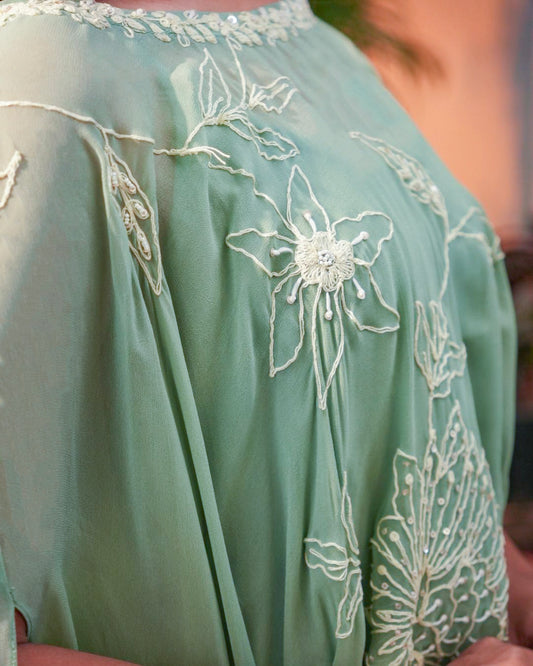 Embroidered Mint Green Kaftan Drape Set