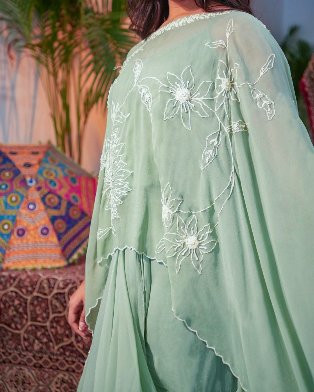 Embroidered Mint Green Kaftan Drape Set
