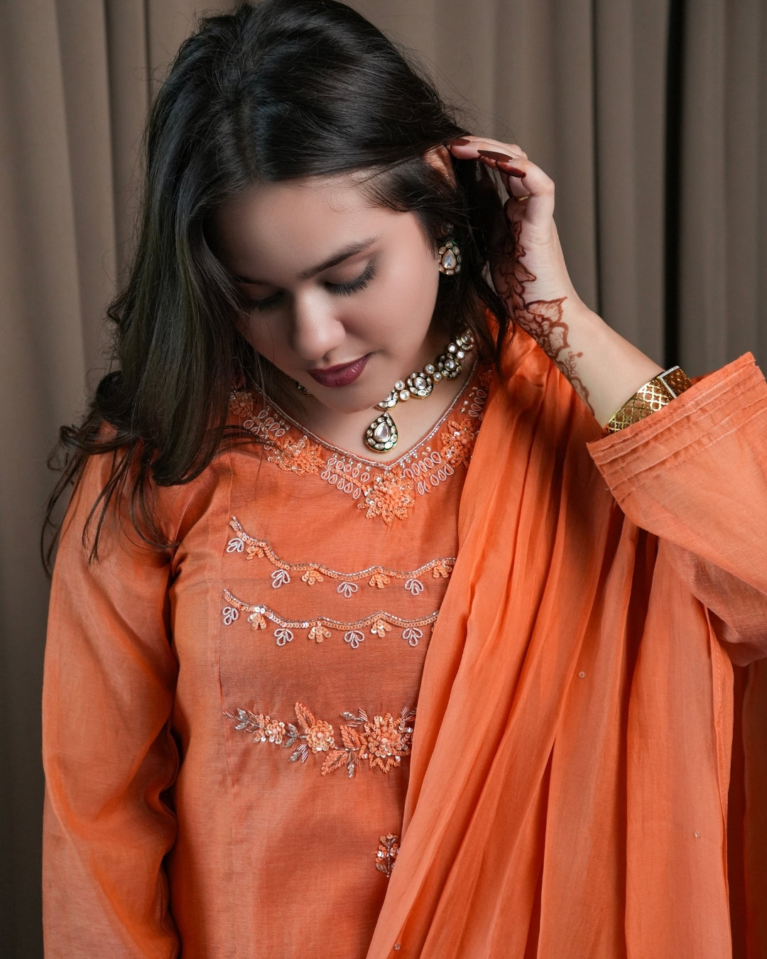 Orange Pure Chanderi Suit Set