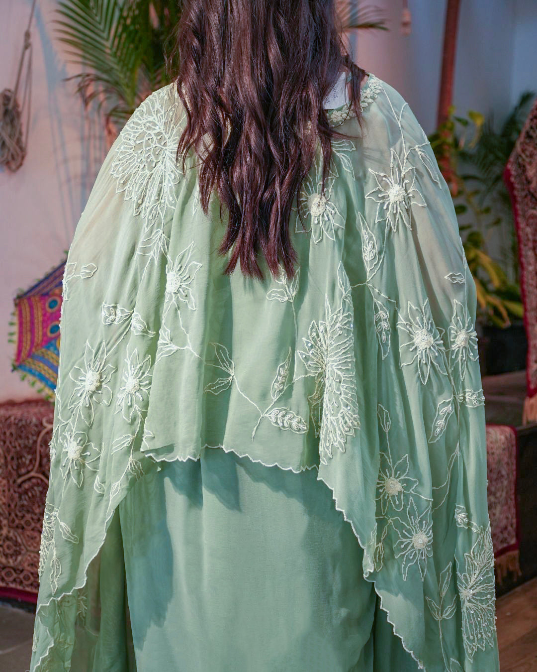 Embroidered Mint Green Kaftan Drape Set