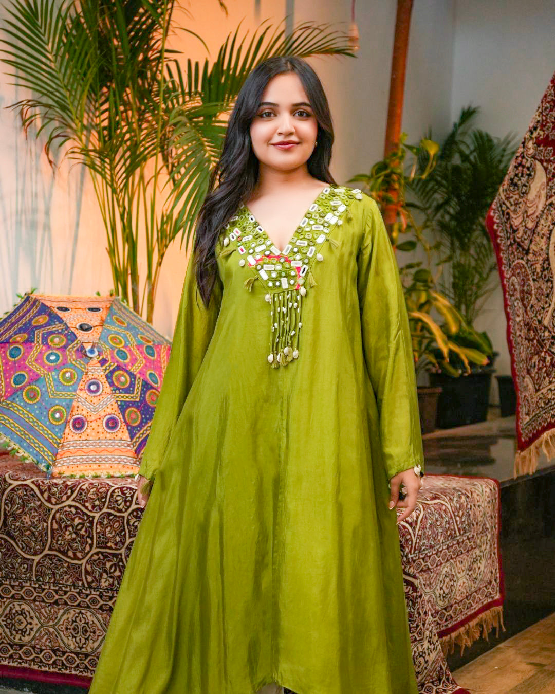 Green Asymmetrical Kurta Set with Mirror & Thread work