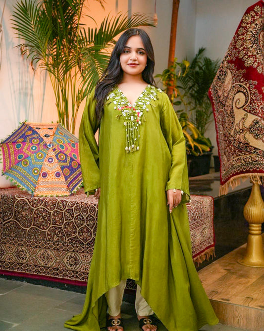 Green Asymmetrical Kurta Set with Mirror & Thread work