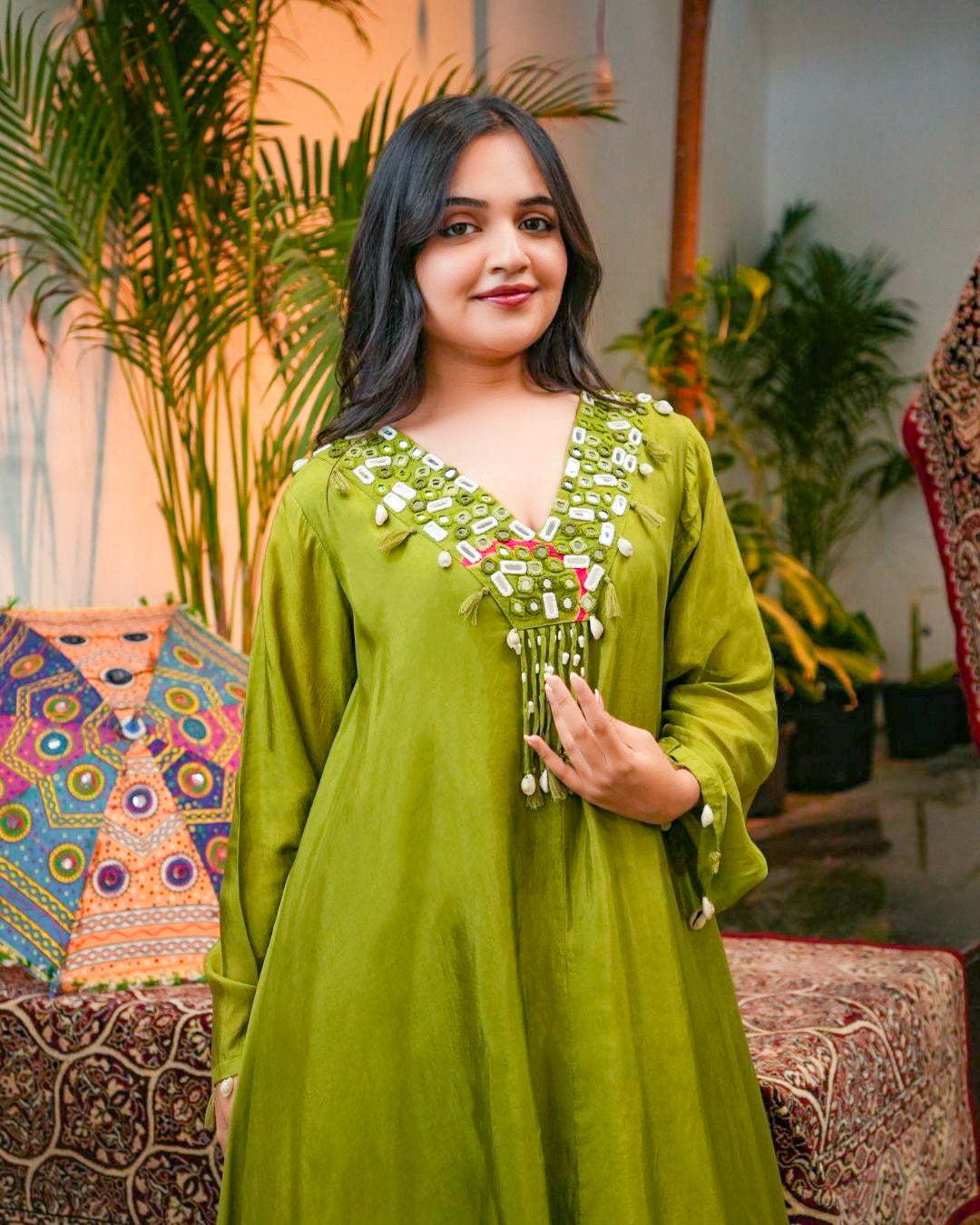 Green Asymmetrical Kurta Set with Mirror & Thread work