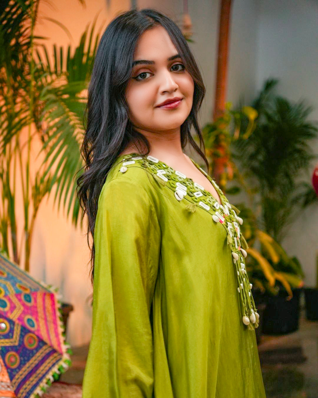 Green Asymmetrical Kurta Set with Mirror & Thread work