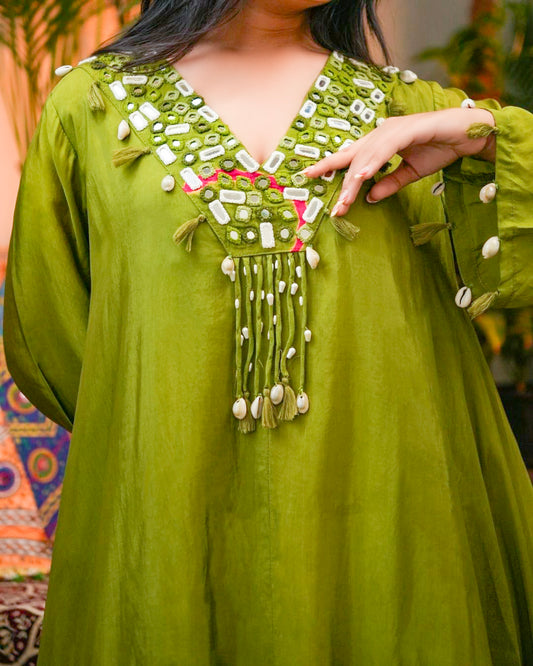 Green Asymmetrical Kurta Set with Mirror & Thread work