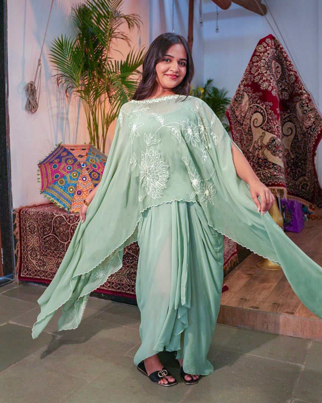 Embroidered Mint Green Kaftan Drape Set