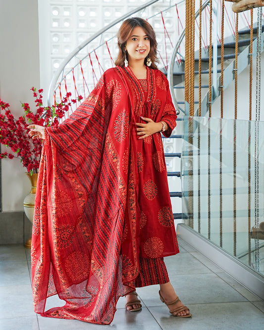 Laal Bagheecha Handblock Anarkali Set
