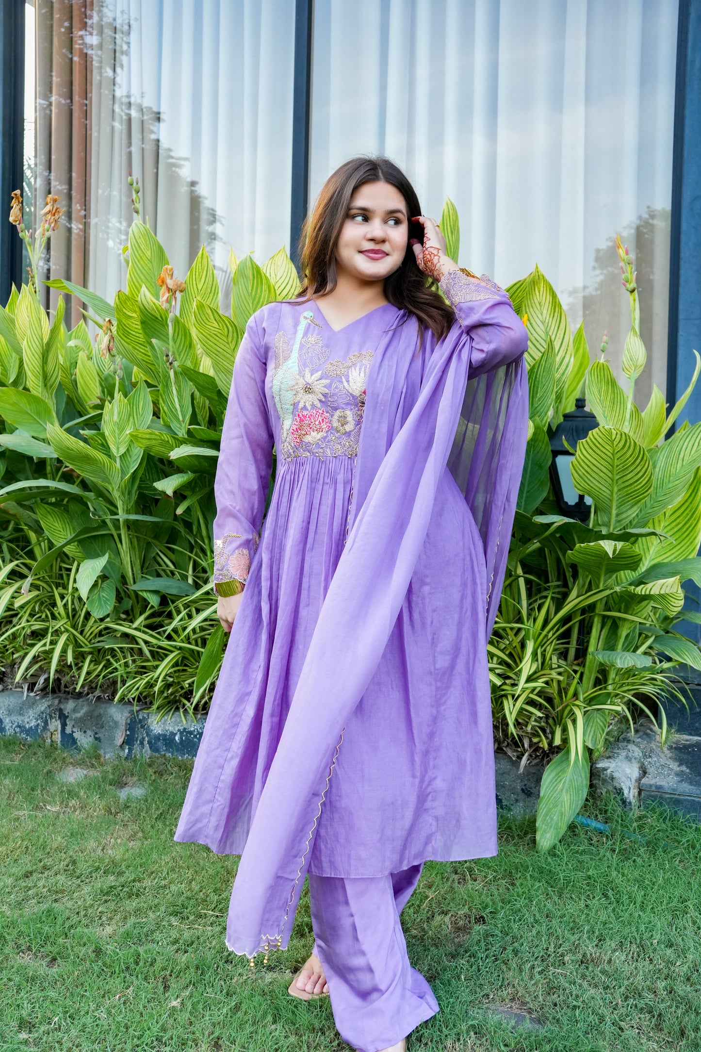 Mul Chanderi Embroidered Suit Set