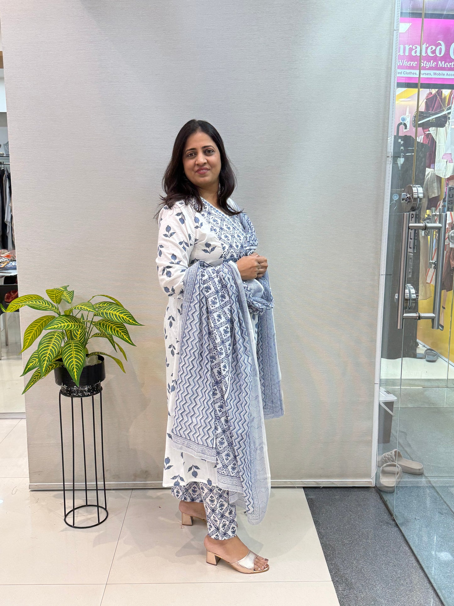 Blue & White Pure Cotton A-Line Suit Set