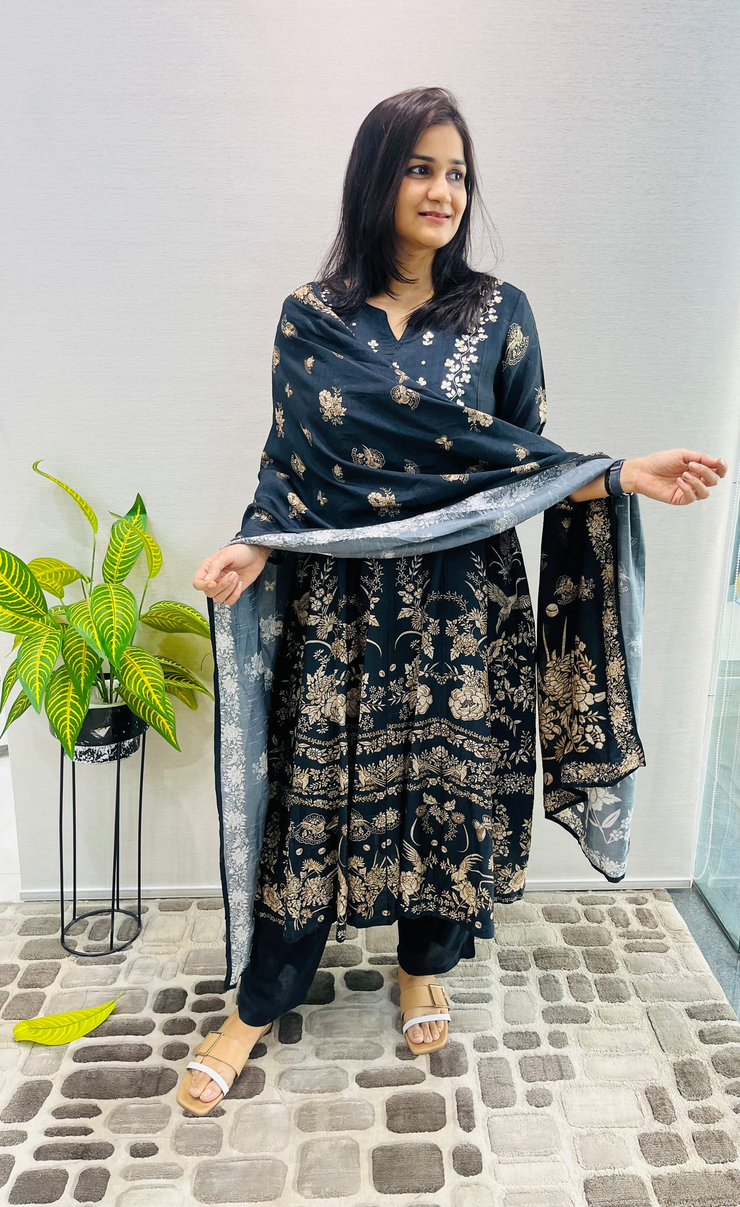 Midnight Black Gold-Embroidered Anarkali Kurta Set
