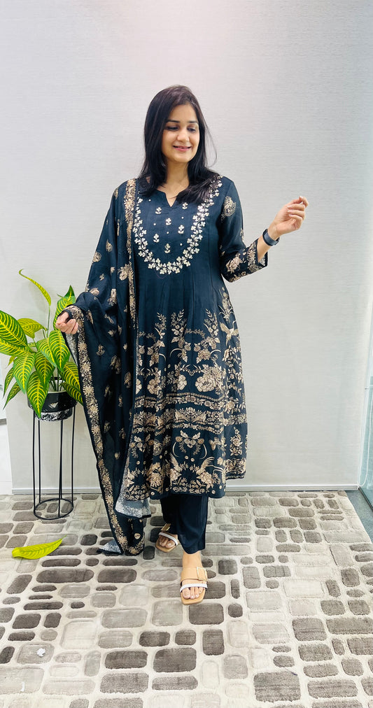 Midnight Black Gold-Embroidered Anarkali Kurta Set