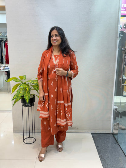 Rust Orange Pure Cotton Kurta Set