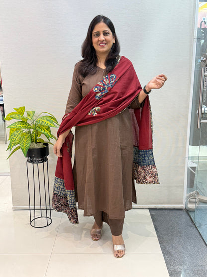Chocolate Brown Cotton Suit Set with Patchwork Dupatta