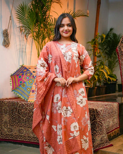 Rust Floral Printed Cotton Kurta Set