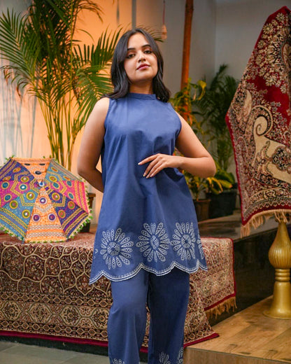 Elegant Indigo Embroidered Cotton Co-Ord Set