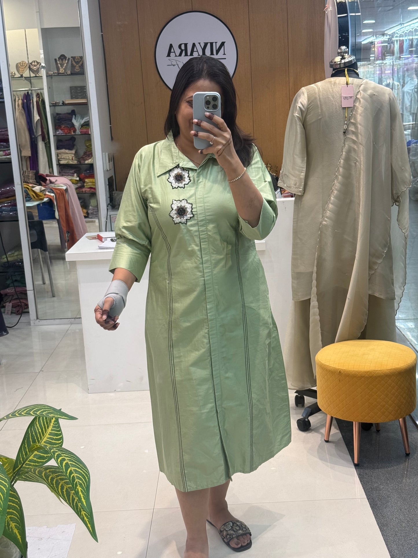 Mint Blossom Embellished Shirt Dress
