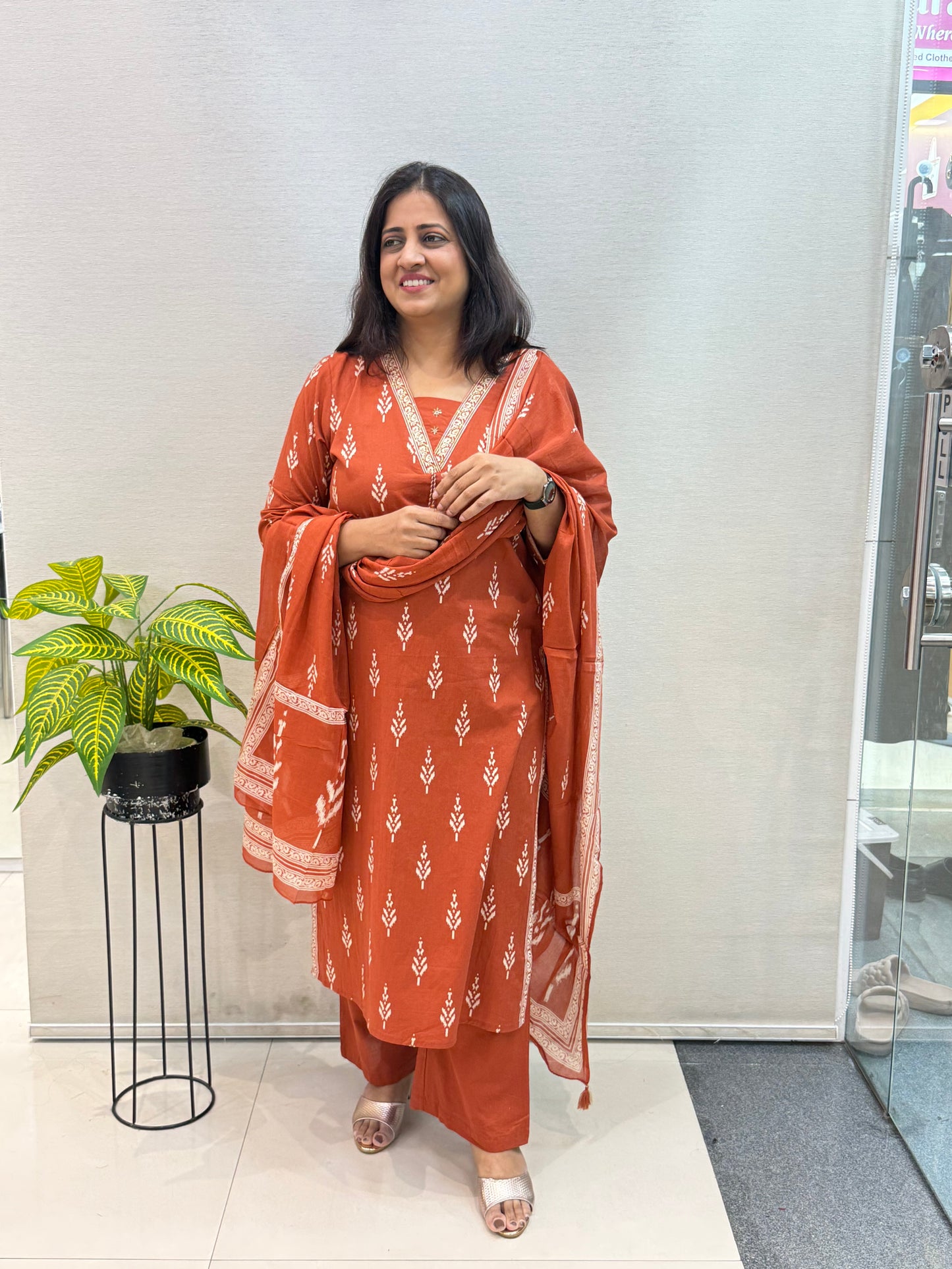 Rust Orange Pure Cotton Kurta Set