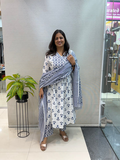 Blue & White Pure Cotton A-Line Suit Set