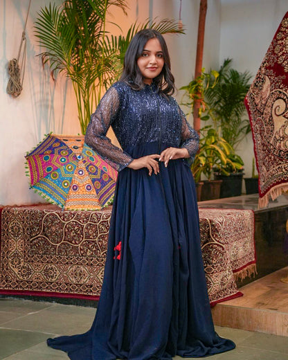 Midnight Blue Sequin Gown with Sheer Sleeves
