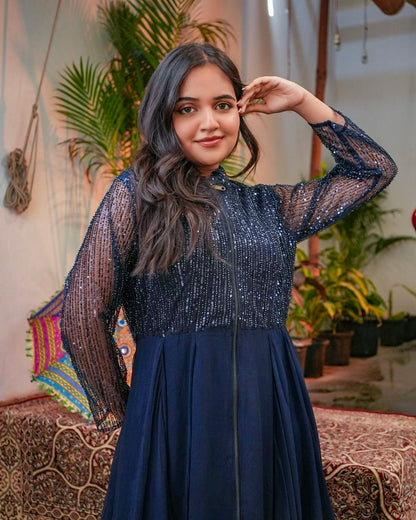 Midnight Blue Sequin Gown with Sheer Sleeves