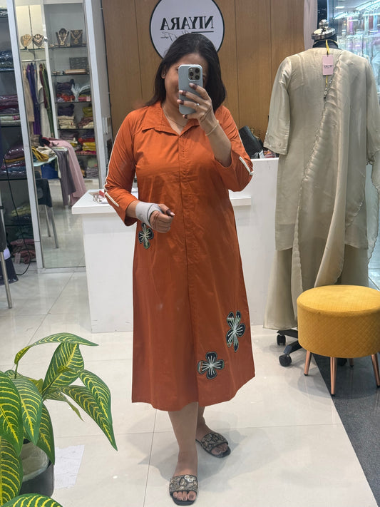 Rust Floral Appliqué Shirt Dress