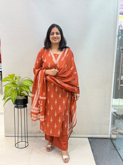 Rust Orange Pure Cotton Kurta Set