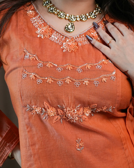 Orange Pure Chanderi Suit Set