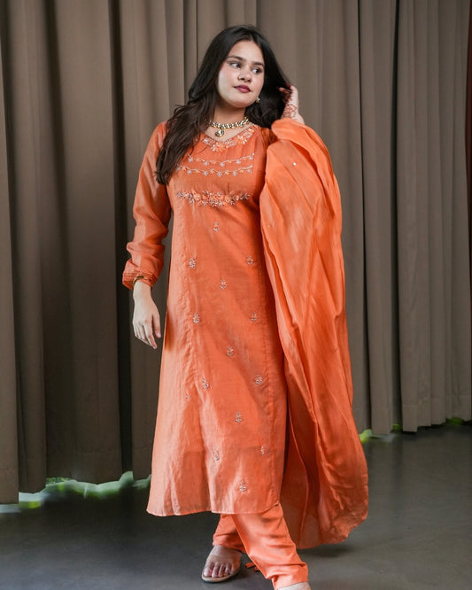 Orange Pure Chanderi Suit Set