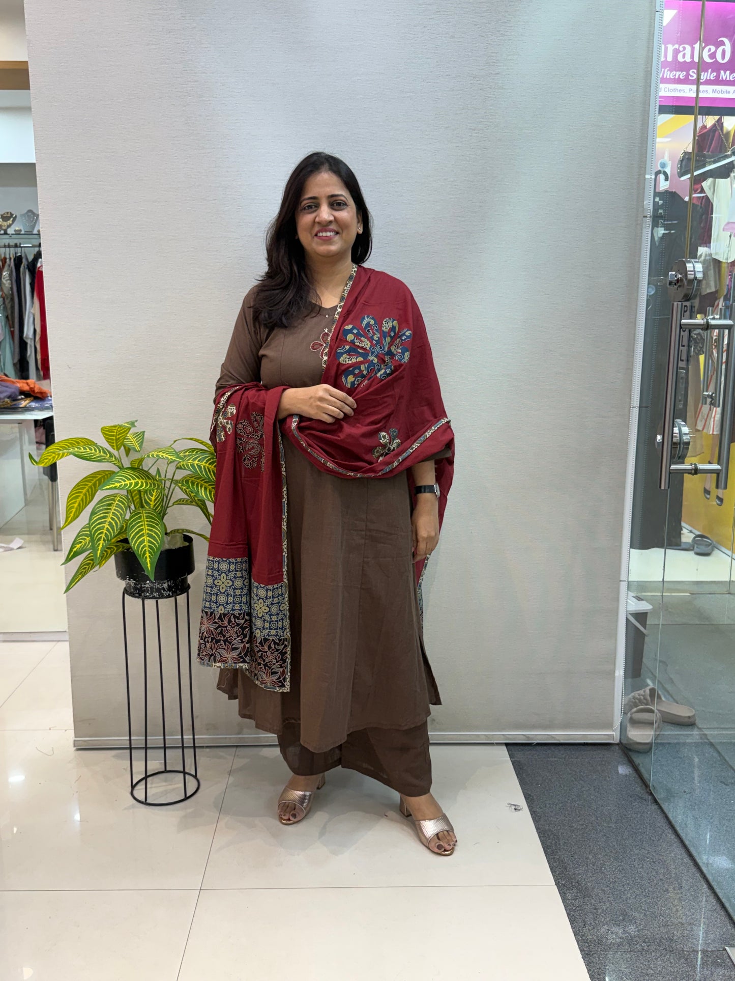 Chocolate Brown Cotton Suit Set with Patchwork Dupatta